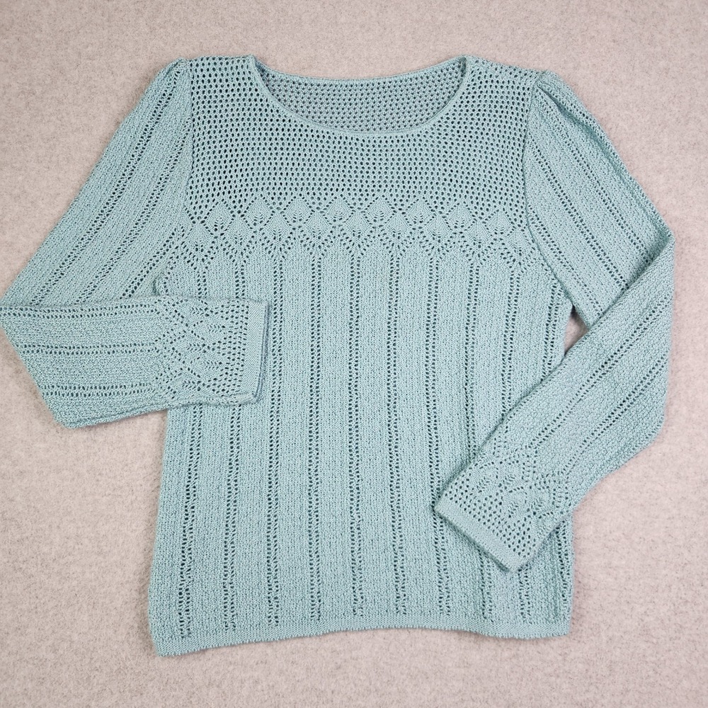 Womens Sweater Blue Aqua Blue Pointelle Knit Crochet Long Sleeve Slim Pullover